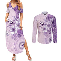 Hawaii Tapa Pattern With Violet Hibiscus Couples Matching Summer Maxi Dress and Long Sleeve Button Shirt LT05 Violet - Polynesian Pride