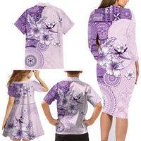 Hawaii Tapa Pattern With Violet Hibiscus Family Matching Long Sleeve Bodycon Dress and Hawaiian Shirt LT05 - Polynesian Pride