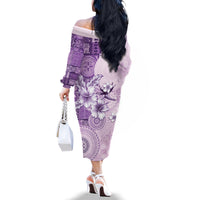 Hawaii Tapa Pattern With Violet Hibiscus Family Matching Off The Shoulder Long Sleeve Dress and Hawaiian Shirt LT05 - Polynesian Pride