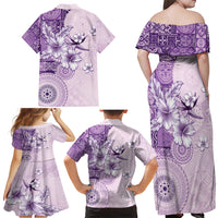 Hawaii Tapa Pattern With Violet Hibiscus Family Matching Off Shoulder Maxi Dress and Hawaiian Shirt LT05 - Polynesian Pride