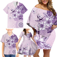 Hawaii Tapa Pattern With Violet Hibiscus Family Matching Off Shoulder Short Dress and Hawaiian Shirt LT05 - Polynesian Pride