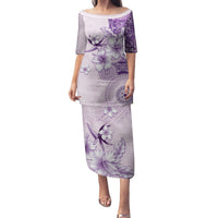 Hawaii Tapa Pattern With Violet Hibiscus Family Matching Puletasi and Hawaiian Shirt LT05 Mom's Dress Violet - Polynesian Pride