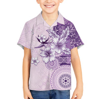 Hawaii Tapa Pattern With Violet Hibiscus Family Matching Puletasi and Hawaiian Shirt LT05 Son's Shirt Violet - Polynesian Pride