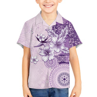 Hawaii Tapa Pattern With Violet Hibiscus Family Matching Tank Maxi Dress and Hawaiian Shirt