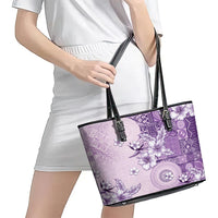 Hawaii Tapa Pattern With Violet Hibiscus Leather Tote Bag LT05 - Polynesian Pride