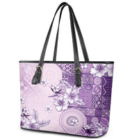 Hawaii Tapa Pattern With Violet Hibiscus Leather Tote Bag LT05 - Polynesian Pride