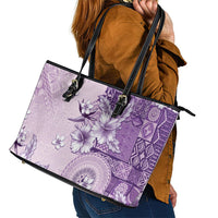 Hawaii Tapa Pattern With Violet Hibiscus Leather Tote Bag LT05 - Polynesian Pride