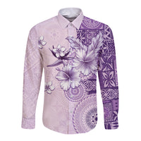 Hawaii Tapa Pattern With Violet Hibiscus Long Sleeve Button Shirt