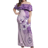 Hawaii Tapa Pattern With Violet Hibiscus Off Shoulder Maxi Dress LT05 Women Violet - Polynesian Pride