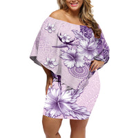 Hawaii Tapa Pattern With Violet Hibiscus Off Shoulder Short Dress LT05 Women Violet - Polynesian Pride
