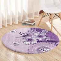 Hawaii Tapa Pattern With Violet Hibiscus Round Carpet