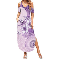 Hawaii Tapa Pattern With Violet Hibiscus Summer Maxi Dress LT05 Women Violet - Polynesian Pride