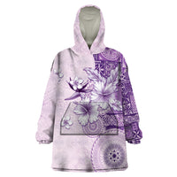 Hawaii Tapa Pattern With Violet Hibiscus Wearable Blanket Hoodie LT05 One Size Violet - Polynesian Pride