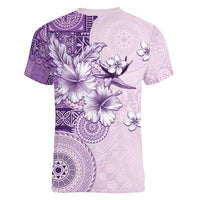 Hawaii Tapa Pattern With Violet Hibiscus Women V-Neck T-Shirt