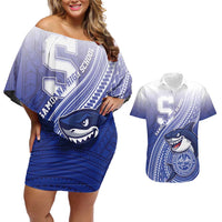Personalized Samoana High School Couples Matching Off Shoulder Short Dress and Hawaiian Shirt Polynesian Tribal Shark LT05 Blue - Polynesian Pride