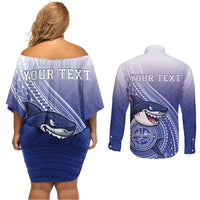 Personalized Samoana High School Couples Matching Off Shoulder Short Dress and Long Sleeve Button Shirt Polynesian Tribal Shark LT05 - Polynesian Pride