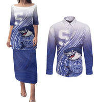 Personalized Samoana High School Couples Matching Puletasi and Long Sleeve Button Shirt Polynesian Tribal Shark LT05 Blue - Polynesian Pride