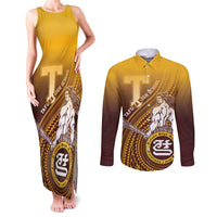 Personalized Tafuna High School Couples Matching Tank Maxi Dress and Long Sleeve Button Shirt Polynesian Warrior LT05 Maroon - Polynesian Pride