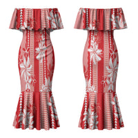 Hawaii Kakau Tribal Couples Matching Mermaid Dress and Long Sleeve Button Shirt With Red Tiare LT05