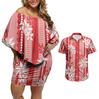 Hawaii Kakau Tribal Couples Matching Off Shoulder Short Dress and Hawaiian Shirt With Red Tiare LT05 Red - Polynesian Pride