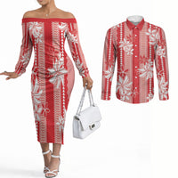 Hawaii Kakau Tribal Couples Matching Off The Shoulder Long Sleeve Dress and Long Sleeve Button Shirt With Red Tiare LT05 Red - Polynesian Pride