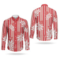 Hawaii Kakau Tribal Couples Matching Off The Shoulder Long Sleeve Dress and Long Sleeve Button Shirt With Red Tiare LT05 - Polynesian Pride