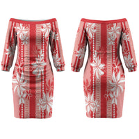 Hawaii Kakau Tribal Couples Matching Off The Shoulder Long Sleeve Dress and Long Sleeve Button Shirt With Red Tiare LT05