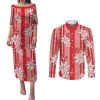 Hawaii Kakau Tribal Couples Matching Puletasi and Long Sleeve Button Shirt With Red Tiare