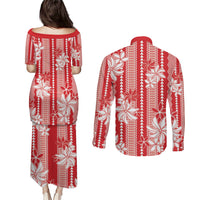 Hawaii Kakau Tribal Couples Matching Puletasi and Long Sleeve Button Shirt With Red Tiare
