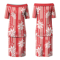 Hawaii Kakau Tribal Couples Matching Puletasi and Long Sleeve Button Shirt With Red Tiare LT05 - Polynesian Pride
