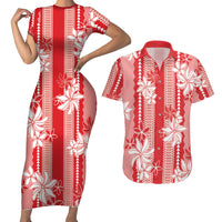 Hawaii Kakau Tribal Couples Matching Short Sleeve Bodycon Dress and Hawaiian Shirt With Red Tiare LT05 Red - Polynesian Pride