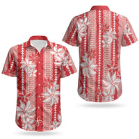 Hawaii Kakau Tribal Couples Matching Short Sleeve Bodycon Dress and Hawaiian Shirt With Red Tiare LT05 - Polynesian Pride