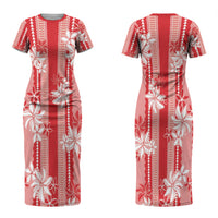Hawaii Kakau Tribal Couples Matching Short Sleeve Bodycon Dress and Hawaiian Shirt With Red Tiare LT05 - Polynesian Pride