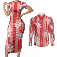Hawaii Kakau Tribal Couples Matching Short Sleeve Bodycon Dress and Long Sleeve Button Shirt With Red Tiare LT05 Red - Polynesian Pride