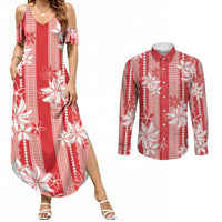 Hawaii Kakau Tribal Couples Matching Summer Maxi Dress and Long Sleeve Button Shirt With Red Tiare LT05 Red - Polynesian Pride