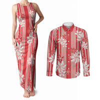 Hawaii Kakau Tribal Couples Matching Tank Maxi Dress and Long Sleeve Button Shirt With Red Tiare LT05 Red - Polynesian Pride