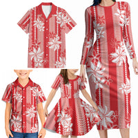 Hawaii Kakau Tribal Family Matching Long Sleeve Bodycon Dress and Hawaiian Shirt With Red Tiare LT05 - Polynesian Pride