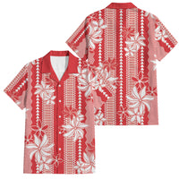Hawaii Kakau Tribal Family Matching Mermaid Dress and Hawaiian Shirt With Red Tiare LT05 Dad's Shirt - Short Sleeve Red - Polynesian Pride