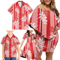 Hawaii Kakau Tribal Family Matching Off Shoulder Short Dress and Hawaiian Shirt With Red Tiare