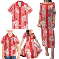 Hawaii Kakau Tribal Family Matching Puletasi and Hawaiian Shirt With Red Tiare