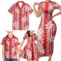 Hawaii Kakau Tribal Family Matching Short Sleeve Bodycon Dress and Hawaiian Shirt With Red Tiare LT05 - Polynesian Pride