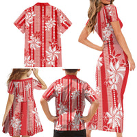 Hawaii Kakau Tribal Family Matching Short Sleeve Bodycon Dress and Hawaiian Shirt With Red Tiare