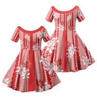 Hawaii Kakau Tribal Family Matching Short Sleeve Bodycon Dress and Hawaiian Shirt With Red Tiare LT05 Dad's Shirt - Long Sleeve Red - Polynesian Pride