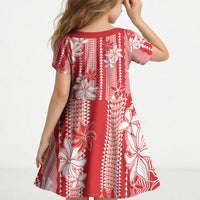 Hawaii Kakau Tribal Kid Short Sleeve Dress With Red Tiare LT05 - Polynesian Pride