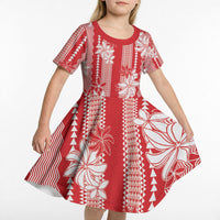 Hawaii Kakau Tribal Kid Short Sleeve Dress With Red Tiare LT05 - Polynesian Pride