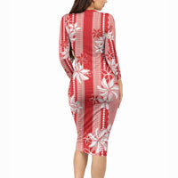 Hawaii Kakau Tribal Long Sleeve Bodycon Dress With Red Tiare LT05 - Polynesian Pride