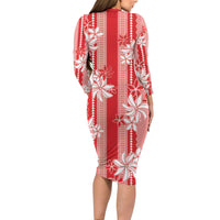 Hawaii Kakau Tribal Long Sleeve Bodycon Dress With Red Tiare