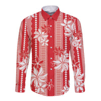 Hawaii Kakau Tribal Long Sleeve Button Shirt With Red Tiare LT05 Unisex Red - Polynesian Pride