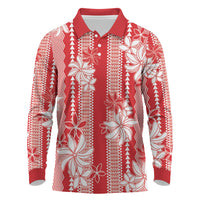 Hawaii Kakau Tribal Long Sleeve Polo Shirt With Red Tiare