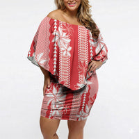 Hawaii Kakau Tribal Off Shoulder Short Dress With Red Tiare LT05 Women Red - Polynesian Pride